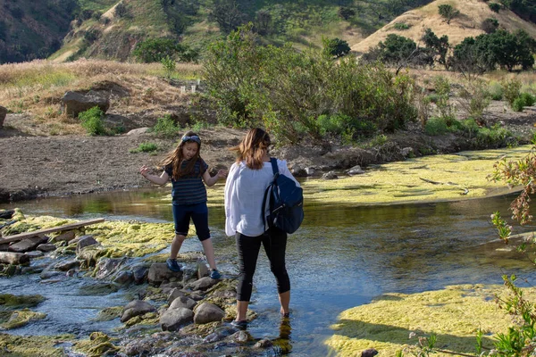 Malibu Creek Eyalet Parkı - 11 Mayıs 2019: 2019 'da Malibu Creek Parkı' nda turistler ve yürüyüşçüler. 2018 'deki Woolsey yangınları bölgede geniş çaplı bir yıkıma neden oldu ve birçok ağaç yaktı, ancak hala çok sayıda ağaç var ve bölge toparlanıyor. Touris