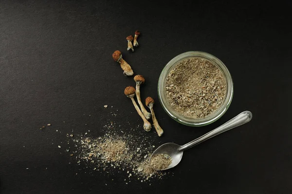 Mikrodoz konsepti. Siyah arka planda kuru psilosibin mantarları. Doğal organik takviye. Tıbbi kullanım. Psikedelik sihir gezisi. 