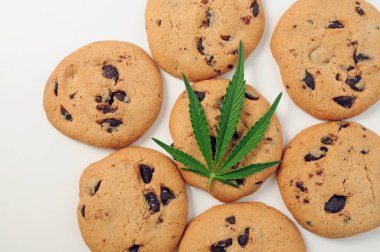 CBD yağlı tatlılar. Beyaz arka planda marihuana yaprağı. Kenevir yağı ve çikolatalı kurabiyeleri yakından çek. Üst manzara, düz uzanma.