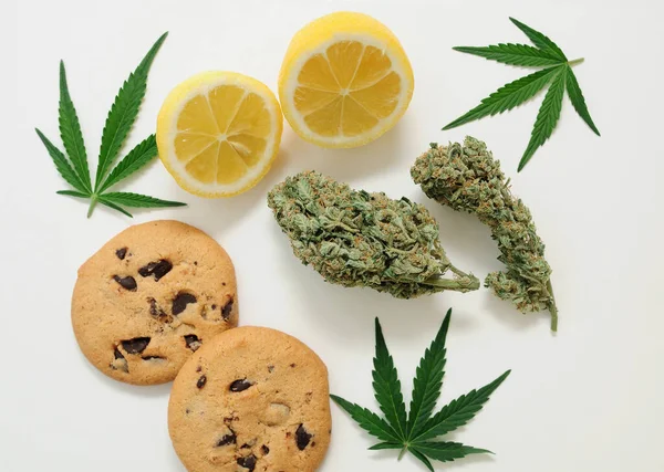 Csokis Sütik Cbd Olajjal Marihuána Bimbók Fehér Háttérrel Cannabis Virágok — Stock Fotó