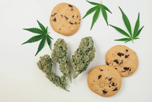 Chocoladekoekjes Met Cbd Olie Marihuana Knoppen Witte Achtergrond Cannabisbloemen Geïsoleerd — Stockfoto