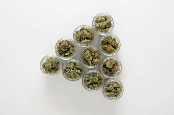 Kannabisz Szárítás Gyógyítás Marihuána Rügyek Üvegedényekben Öko Konténer Kendertermesztési Koncepció — Stock Fotó
