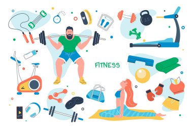 Fitness izole elementleri ayarladı. Adam ağırlık kaldırıyor, kız yoga yapıyor. Spor sembolleri, spor aletleri, halterler, kettlebell, spor üniforması. Düz çizgi film tasarımında vektör illüstrasyonu