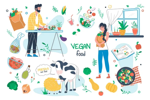 Vegan alimentos conjunto elementos isolados. Homem e mulher cozinhando pratos vegetais. Pacote de símbolos vegetarianos - frutas orgânicas, bagas, livro de receitas, fábricas verdes. Ilustração vetorial em desenho animado plano — Vetor de Stock