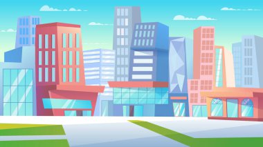 Çizgi film tarzında şehir manzarası iniş sayfası. Gökdelenleri olan şehir caddesi, iş merkezi binaları, metro istasyonlarının giriş ve çıkışları. Şehir panoraması. Web arkaplanının vektör illüstrasyonu