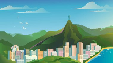 Rio de Janeiro çizgi film tarzında iniş sayfası. Gökdelenleri olan şehir panoraması, dağda İsa 'nın heykeli olan manzara. Şehir simgelerini gezmek. Web arkaplanının vektör illüstrasyonu
