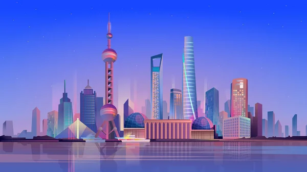 Shanghai çizgi film tarzında iniş sayfası. Gökdelenleri ve şehir manzarası olan Çin gece şehri manzarası. İş gezisi ve ünlü simgelerin gezisi. Web arkaplanının vektör illüstrasyonu