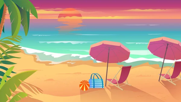 여름 방학 때 바다 리조트에서 평평 한 만화 스타일의 착륙 페이지를 사용 한다. 해변, 모래사장,우 쿨라, 야자수, 열 대 식물 이 있는 양지바른 라운지에 석양 이비치고 있다. 웹 배경에 대한 벡터 그림 — 스톡 벡터
