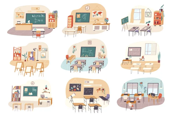 Lições em cenas isoladas da escola. Salas de aula de química, geografia, biologia, matemática, inglês, história, astronomia. Pacote de interiores modernos. Ilustração vetorial em desenhos animados planos para web design — Vetor de Stock