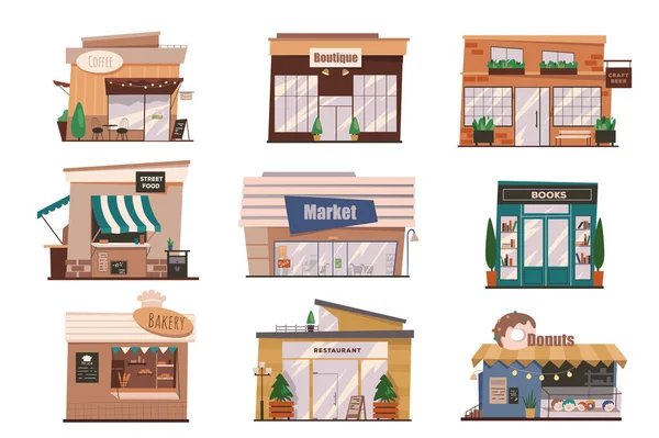 Restoranlar ve dükkanlar izole edilmiş sahneleri ön plana çıkarıyor. Kahve, butik, sokak yemekleri, market, kitapçı, fırın binaları. Bir sürü modern dış görünüş. Web tasarımı için düz çizgi filmdeki vektör illüstrasyonu