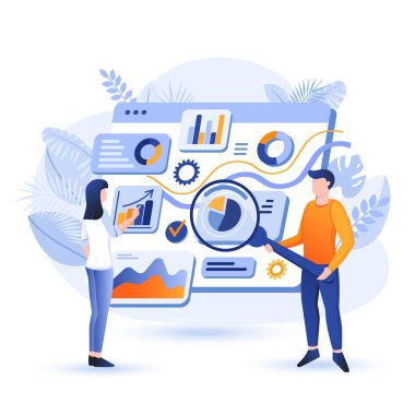 Yöneticiler veri alanını analiz eder. Çizelgelerden istatistik araştıran meslektaşlar. İyimserleştirme stratejisi, başarı işi, veri tabanı servis konsepti. Düz dizaynlı insanların vektör illüstrasyonu