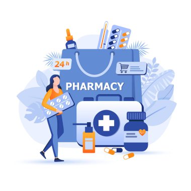 Müşteri online eczane sahnesinden hap alıyor. Sağlık sigortası, doktor reçetesi, eczanedeki ilaçlar, eczacılık konsepti. Düz dizaynlı insanların vektör illüstrasyonu