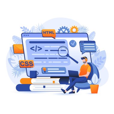 Yazılım sahnesi programlanıyor. Geliştirici dizüstü bilgisayarda çalışır, kodlar, web siteleri, uygulamalar ve programlar yaratır. Html dili, bilişim endüstrisi kavramı. Düz dizaynlı insanların vektör illüstrasyonu