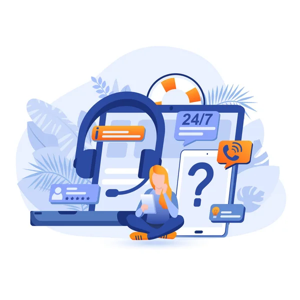 Destek merkezi sahnesi. Kadın çağrı merkezinde çalışıyor. Yardım hattı, yardım hattı operatörü, online teknik yardım, servis masası danışmanı konsepti. Düz dizaynlı insanların vektör illüstrasyonu