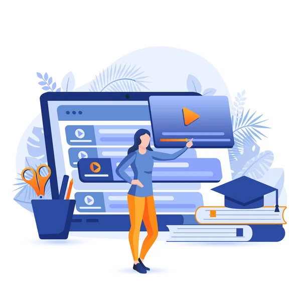 Escena de video tutoriales. Mujer ve webinars, cursos y videos de entrenamiento desde el ordenador portátil. Educación en línea, e-learning, concepto de aprendizaje a distancia. Ilustración vectorial de personajes de diseño plano — Vector de stock