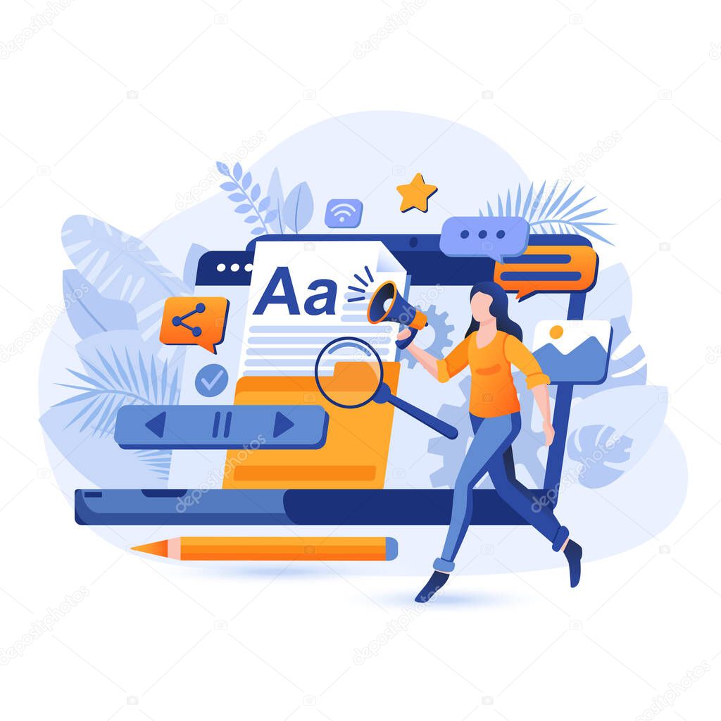 Content marketing scene. Woman creates advertising content to promote business project. Communication with client, attracting buyers concept. Vector illustration of people characters in flat design