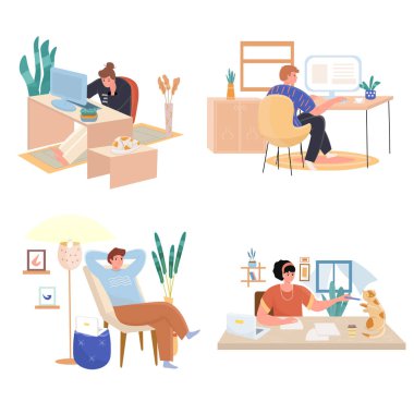 Serbest konsept sahneleri ayarlandı. Rahat işyerleri. Kadınlar ve erkekler ev ofislerinde dizüstü bilgisayarlarla çalışırlar. İnsan aktiviteleri koleksiyonu. Düz dizayndaki karakterlerin vektör illüstrasyonu