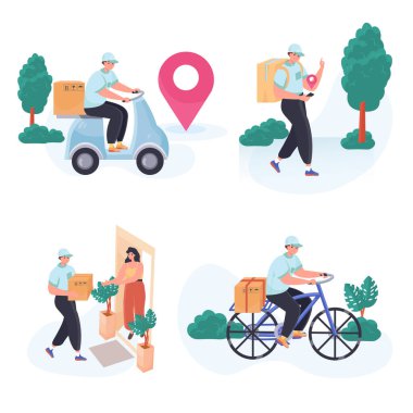 Teslimat servisi konsepti ayarlandı. Motosikletli ya da bisikletli kurye paket teslimatı, eve teslimat siparişi, nakliye. İnsan aktiviteleri koleksiyonu. Düz dizayndaki karakterlerin vektör illüstrasyonu