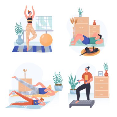 Fitness konsepti sahneleri ayarlandı. Aerobik ya da yoga yapan kadınlar, aile egzersizleri, erkek eğitimi. Evde idman yapıyorum. İnsan aktiviteleri koleksiyonu. Düz dizayndaki karakterlerin vektör illüstrasyonu