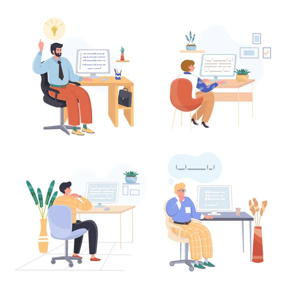 Programación de escenas de concepto de trabajo conjunto. Codificadores o programadores que codifican en computadoras, programas de escritura. Oficinas de trabajo. Colección de actividades de personas. Ilustración vectorial de personajes en diseño plano — Vector de stock