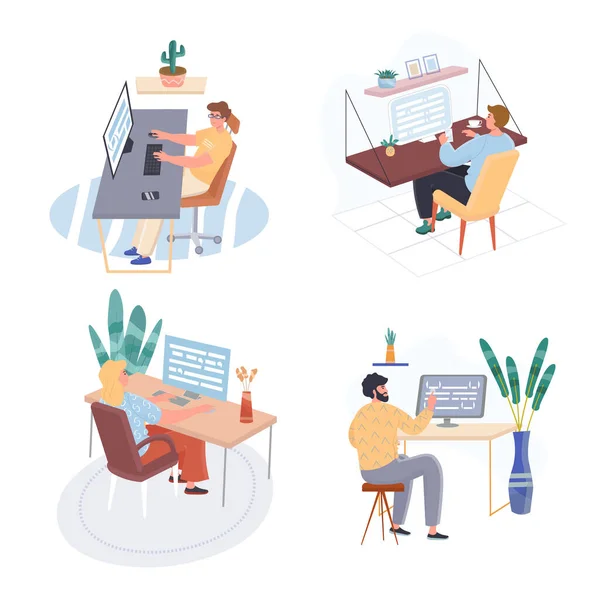 Programação conjunto de cenas de conceito de trabalho. Codificadores de codificação, programadores escrevendo programa em computadores em locais de trabalho de escritório. Coleção de atividades de pessoas. Ilustração vetorial de personagens em design plano —  Vetores de Stock