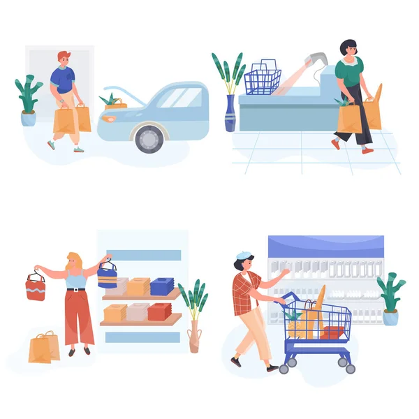 Scene di shopping set. I clienti comprano cibo al supermercato, la donna sceglie vestiti nuovi, paga gli acquisti alla cassa. Raccolta delle attività delle persone. Illustrazione vettoriale dei personaggi in design piatto — Vettoriale Stock