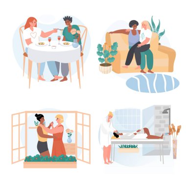 Çeşitli homoseksüel, çok ırklı lezbiyen çiftler konsept seti. Kadınlar yemek yer, çıkar, dans eder, birlikte dinlenir. İnsan aktiviteleri koleksiyonu. Düz dizayndaki karakterlerin vektör illüstrasyonu