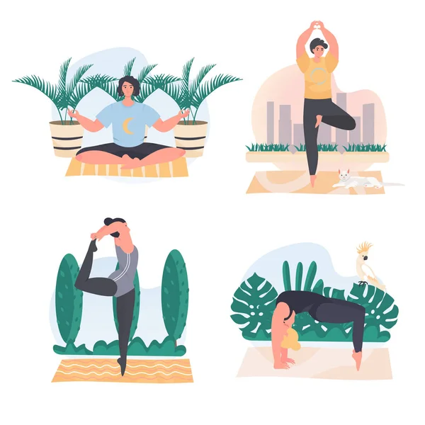 Männer und Frauen bei Yoga-Konzeptszenen. Die Menschen machen Asanas, Meditation in Lotusposition, Sporttraining im Freien. Sammlung menschlicher Aktivitäten. Vektorillustration von Zeichen in flachem Design — Stockvektor