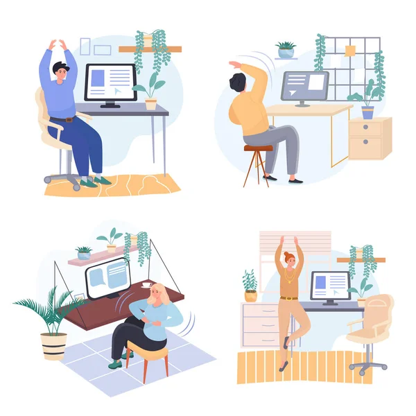 Diferentes pessoas exercem no ambiente de trabalho conjunto de cenas de conceito de quarto. Empregados fazendo aquecimento, alongando-se no escritório. Coleção de atividades humanas. Ilustração vetorial de personagens em design plano — Vetor de Stock