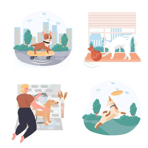 Diverse situazioni nella vita di animali domestici scene concettuali impostate. Proprietario lavare cane, cavalca skateboard, gatto bussare fuori vaso. Raccolta delle attività delle persone. Illustrazione vettoriale dei personaggi in design piatto — Vettoriale Stock