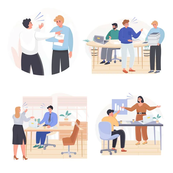 Scenari di concetto di squadra di affari impostati maleducazione. Colleghi aggressivi urlano e discutono. Stress sul lavoro, conflitti sul posto di lavoro. Raccolta delle attività delle persone. Illustrazione vettoriale dei personaggi in design piatto — Vettoriale Stock