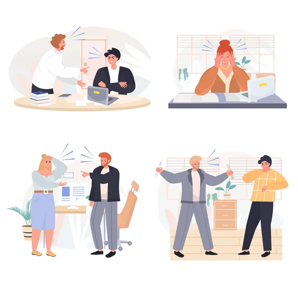 Rudeness en el conjunto de escenas de concepto de equipo de negocios. Jefe agresivo gritándole al personal. Empleados sobrecargados de trabajo y estrés. Colección de actividades de personas. Ilustración vectorial de personajes en diseño plano — Vector de stock