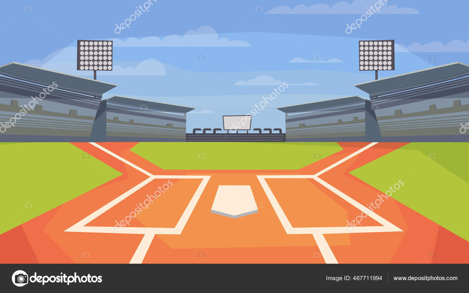 Baseball stadium view, banner in flat cartoon design. Sports center