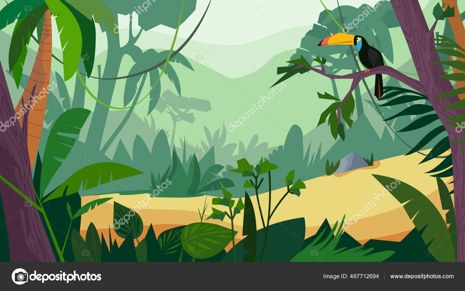 Jungle forest view, banner in flat cartoon design. Scenery with green  tropical trees, plants and shrubs, toucan sits on branch. Wildlife  panoramic with landscape. Vector illustration of web background Stock  Vector by ©, image size:1600x1000
