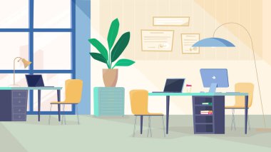 Programcı odasının içi, düz çizgi film tasarımı afişi. Ofis iş yerinde, bilgisayar ve dizüstü bilgisayarlarla dolu, sertifikalar duvarda, bitki ve dekor. Web arkaplanının vektör illüstrasyonu
