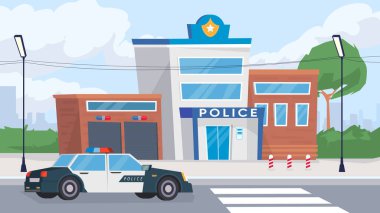 Polis departmanı bina manzaralı, düz çizgi film tasarımlı afiş. Devriye arabalı polis karakolunun dışı. Koruma, adalet muhafızları, adalet yapısı kavramı. Web arkaplanının vektör illüstrasyonu