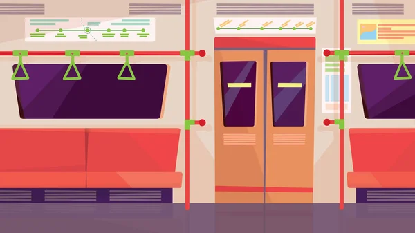 Interior vacío del vagón del metro, pancarta en diseño plano de dibujos animados. Asientos y pasamanos en carruaje subterráneo. Transporte urbano público moderno, concepto de infraestructura. Ilustración vectorial del fondo web — Vector de stock