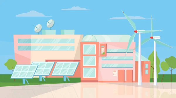 Vista del edificio de la fábrica de energía ecológica, pancarta en diseño de dibujos animados planos. Las turbinas eólicas y los paneles solares generan energía verde. Central eléctrica y concepto de cero emisiones. Ilustración vectorial del fondo web — Vector de stock