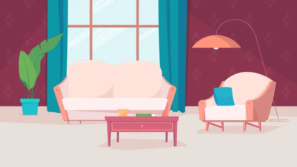 Nappali belső, banner lapos rajzfilm design. Apartman belül kanapéval, fotel párnával, dohányzóasztal, ablak függönnyel, cserepes növény és dekoráció. A webes háttér vektor illusztrációja — Stock Vector