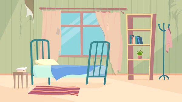 Interior ruangan kotor tua, spanduk dalam desain kartun datar. Apartemen terbengkalai di dalam dengan tempat tidur, meja samping tempat tidur, jendela dengan tirai rusak, rak buku dan dekorasi. Vektor ilustrasi dari latar belakang web - Stok Vektor