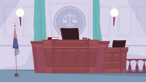 Prázdný interiér soudní síně, prapor v plochém kresleném designu. Soudcovské pracoviště, tribun, sekretářský stůl, kladivo, výzdoba. Spravedlnost, právní věda, koncepce vyšetřování. Vektorová ilustrace pozadí webu — Stockový vektor