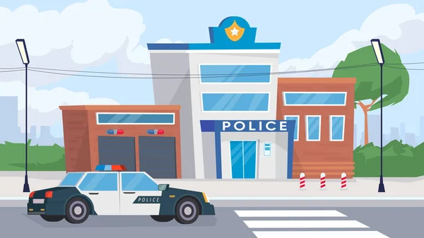 Polis departmanı bina manzaralı, düz çizgi film tasarımlı afiş. Devriye arabalı polis karakolunun dışı. Koruma, adalet muhafızları, adalet yapısı kavramı. Web arkaplanının vektör illüstrasyonu