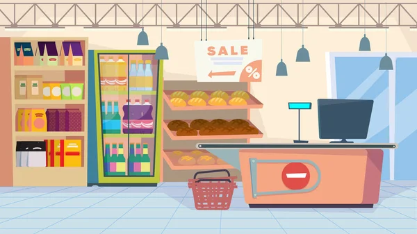 Kruidenierswinkel interieur, banner in platte cartoon ontwerp. Supermarkt kassa, rekken planken met brood en eten, koelkast met drankjes. Aankopen, winkelen, verkopen. Vector illustratie van web achtergrond — Stockvector