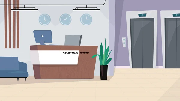 Receptie wachtzaal interieur, banner in platte cartoon ontwerp. Lobby in modern kantoor of hotel, receptie met computer, bank, liftdeuren en inrichting. Vector illustratie van web achtergrond — Stockvector