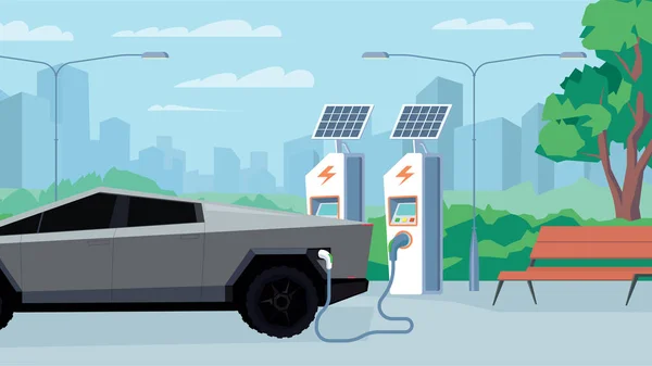 Vederea stației de alimentare electrică, banner în design de desene animate plate. Încărcarea mașinii electrice pe stație cu panouri solare. Infrastructură urbană, concept de transport. Ilustrație vectorială a fundalului web — Vector de stoc