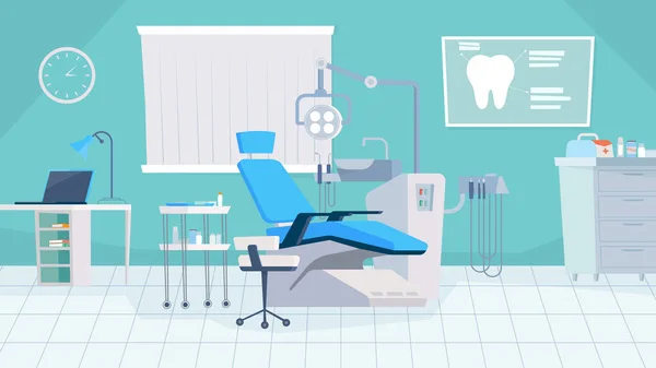 Tandarts kantoor interieur, banner in platte cartoon ontwerp. Tandartsstoel, medische apparatuur voor stomatologie behandeling, werkplek met computer, orthodontische gereedschappen. Vector illustratie van web achtergrond — Stockvector