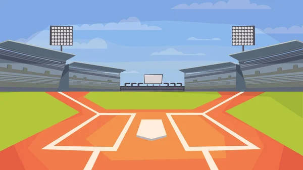 Beyzbol stadyumu manzaralı, düz çizgi film tasarımlı afiş. Maç için spor merkezi sahası, saha, sahne ışıkları, seyirciler için koltuklar. Rekabet konsepti. Web arkaplanının vektör illüstrasyonu — Stok Vektör