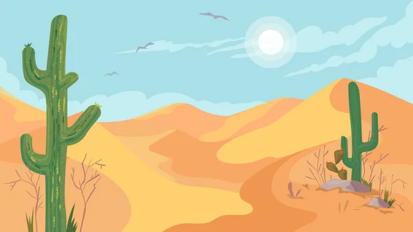 Вид на жаркую пустыню Мексики, баннер в виде плоского мультфильма. Пейзажи с кактусами, растениями, песчаными дюнами и камнями, солнце светит в небе. Дикий панорамный пейзаж. Векторная иллюстрация веб-фона — стоковый вектор