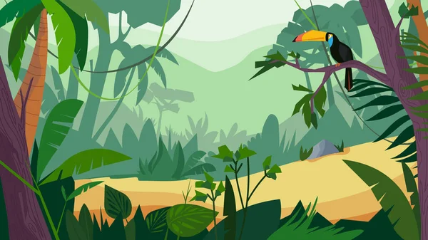 Jungle vue sur la forêt, bannière en dessin animé plat. Paysage avec des arbres tropicaux verts, des plantes et des arbustes, toucan se trouve sur la branche. Faune panoramique avec paysage. Illustration vectorielle du fond web — Image vectorielle