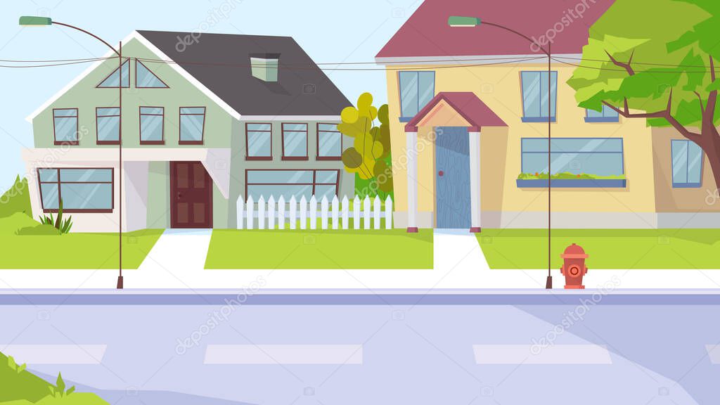 Country street view, banner in flat cartoon design. Village landscape with house buildings, sidewalk, lanterns. Suburban infrastructure and real estate concept. Vector illustration of web background